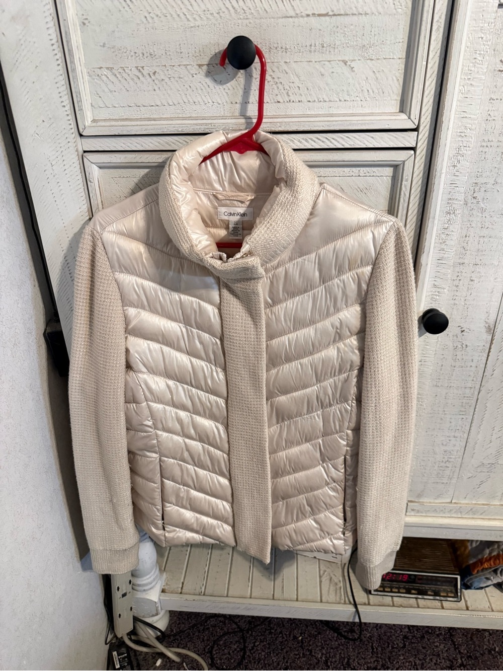 Calvin Klein Ivory Quilted Jacket with Knit Sleeves